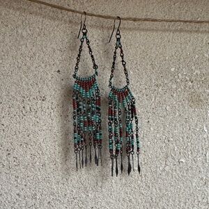 Vintage Turquoise & Brown Beaded Fringe Earrings - Women Jewelry